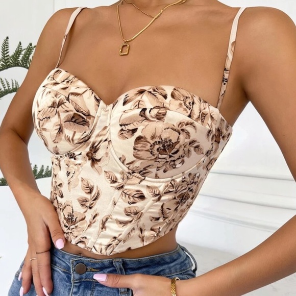 Boho Floral Print Lace up Cami Corset Cropped Top - Picture 3 of 7